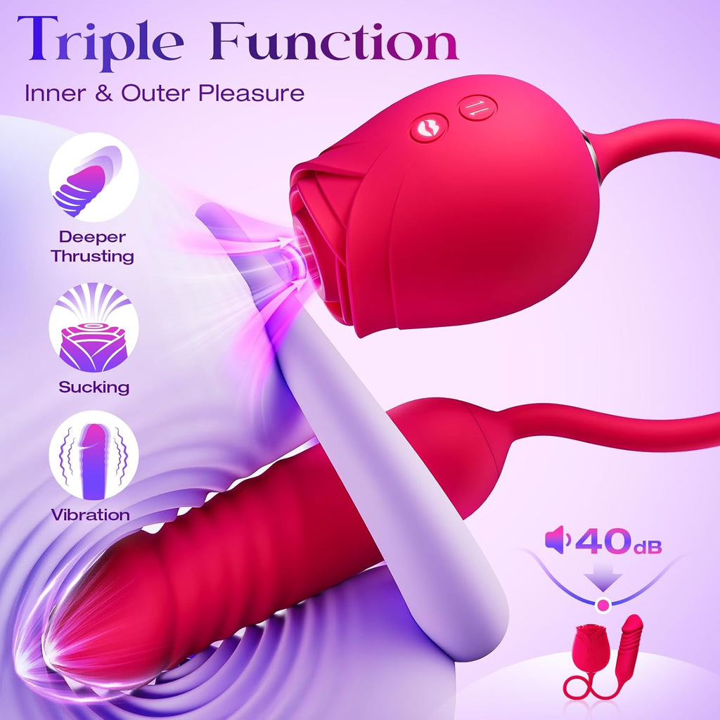 Rose Toy with Thrusting, Vibrating, Sucking Modes for Clitoral Nipple Stimulation Anal Double-Ended G Spot Vibrator Dildo Adult Sex Toy for Women Couples