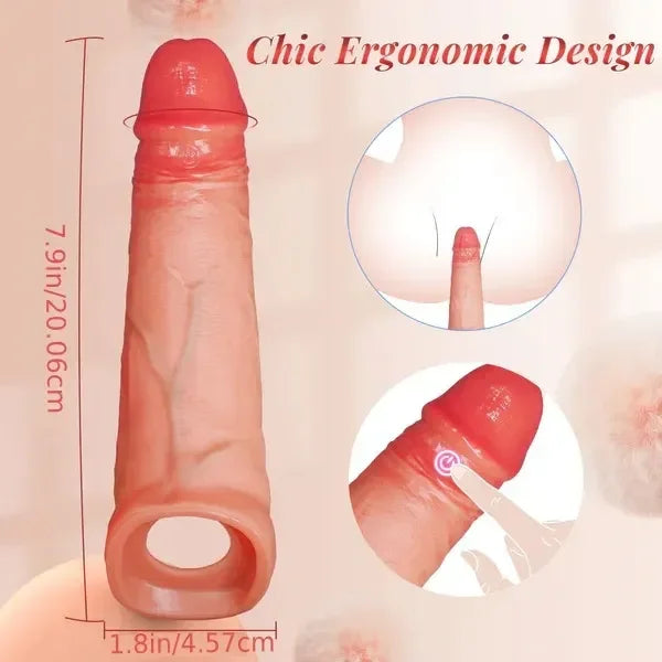 7.9 IN Penis Extender Sleeve with Cock Ring, App Remote Controlled 9 Mode Vibrating, Thrusting & Heating Sex Toy