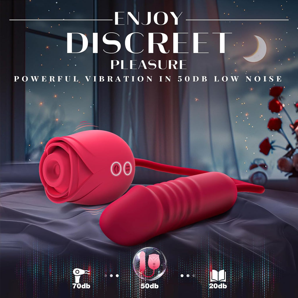 Rose Toy with Thrusting, Vibrating, Sucking Modes for Clitoral Nipple Stimulation Anal Double-Ended G Spot Vibrator Dildo Adult Sex Toy for Women Couples