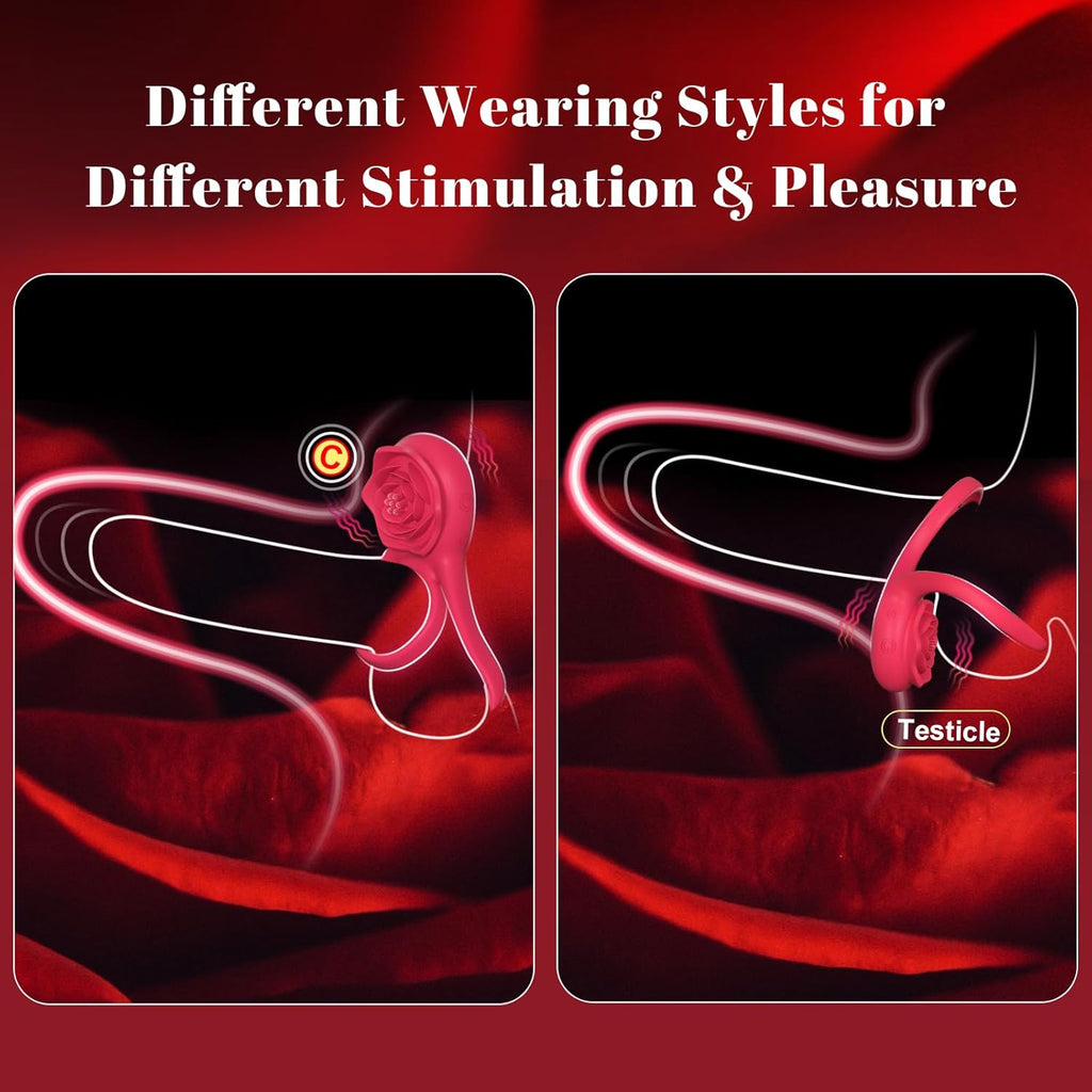 Vibrating Cock Ring with Rose Clitoral Stimulator, 7 Vibrations Male Couple Sex Toy