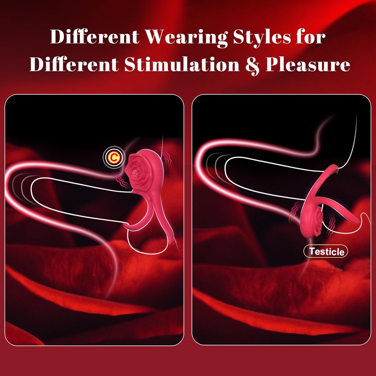 Vibrating Cock Ring with Rose Clitoral Stimulator, 7 Vibrations Male Couple Sex Toy