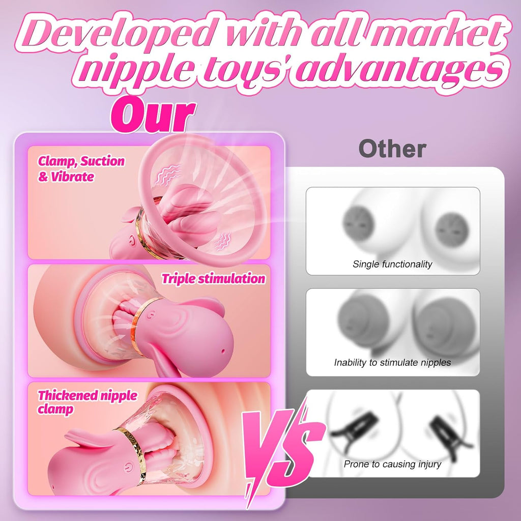 (US ONLY) App-Controlled Nipple Toy Vibrators - 1 Pair BDSM Nipple Clamps with 10 Vibration Modes & Manual Sucking Stimulator, Silicone Detachable Sensory Toys